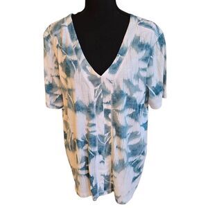 Westbound Woman Short Sleeve V Neck Cotton Blend Turquoise White Top Size 1X